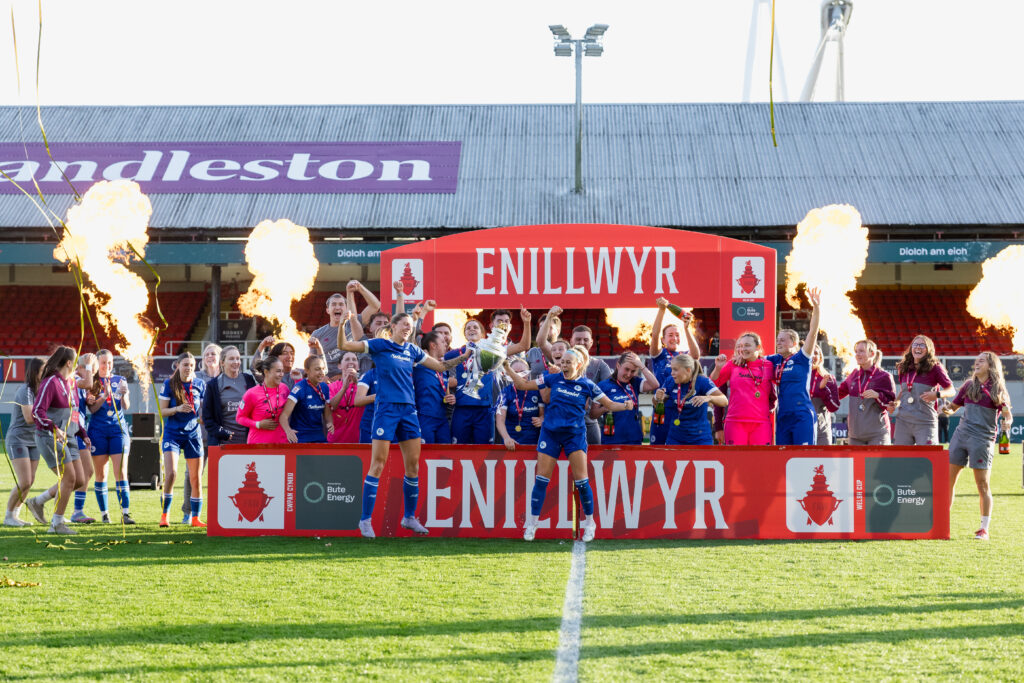 Cardiff city celebrate winning the game and lift the welsh cup during the 2024/25 Bute Energy Welsh Cup Final fixture between Wrexham AFC Women & Cardiff City Women FC at Rodney Parade, Newport, Wales